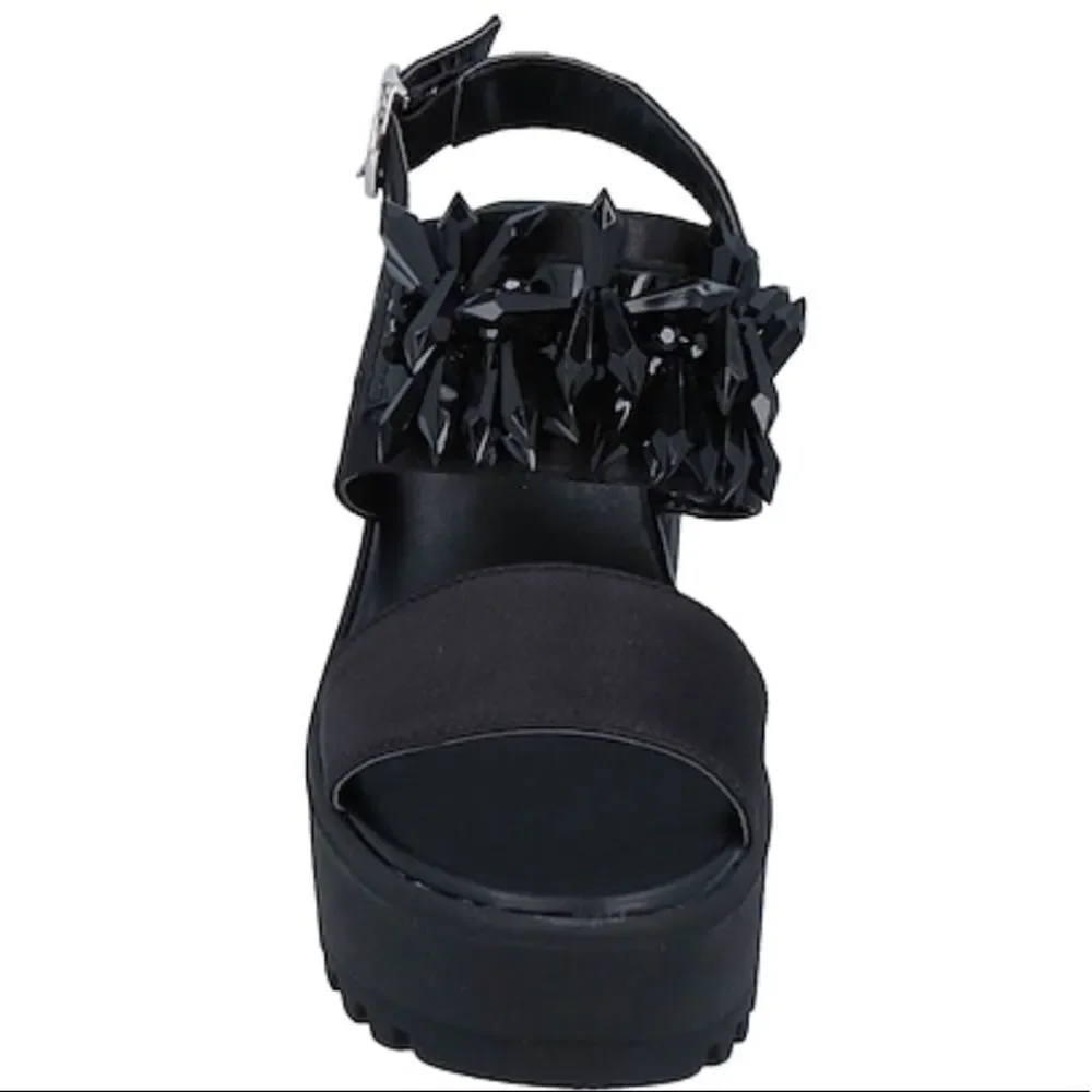 Black Satin Platform Sandals Chunky Heel Open Toe 7.5